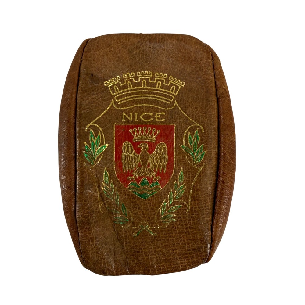 Vintage Leather Coin‎ Purse Souvenir from Nice France Hand Painted Crest 1950s